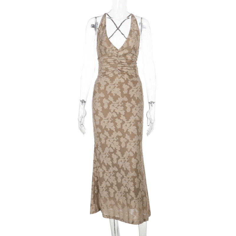 Women's summer dress, sleeveless, thin shoulder strap, mid-length dress, sexy stand-up collar floral cocktail party dress
