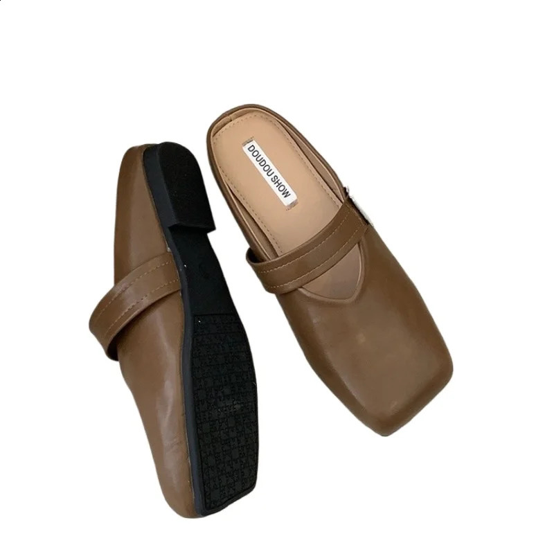 Soft Leather Ins Silver Buckle Strap Casual Shoes Fashion Flats Elegant Glitter Metallic Mules Shoes Cover Toe Slippers 250528