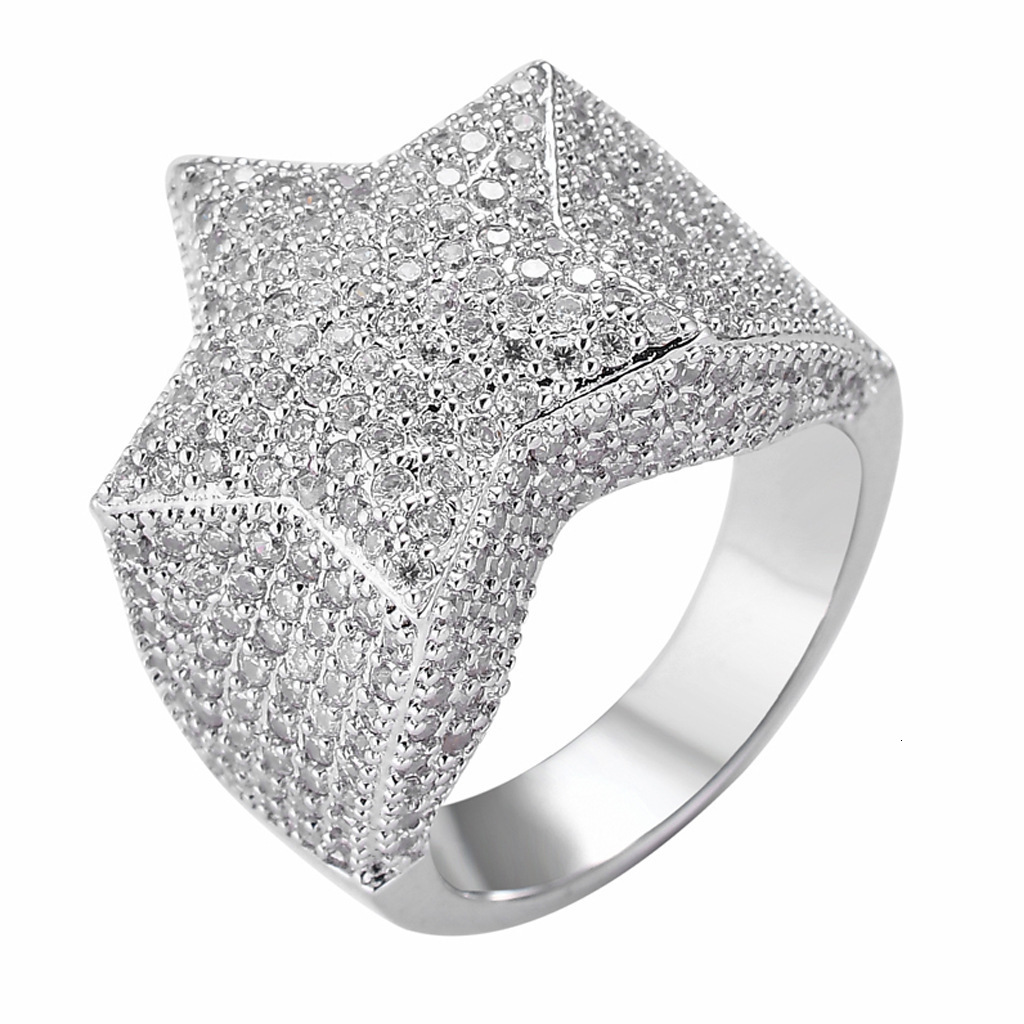 Pentagram Moissanite Ring Real Gold Electroplated Micro set Moissanite Hip Hop Mens StarRing moissanite