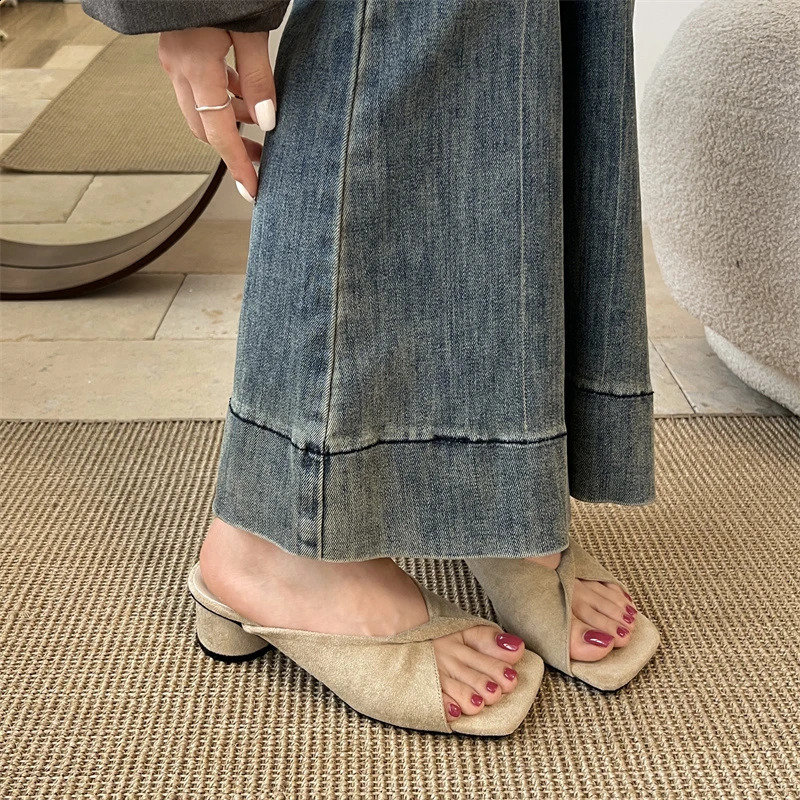 Summer Women Square Toe Thick Heel Slippers Fashion Floral Dress Slide Ladies Outdoor Beach Sandalias 250528