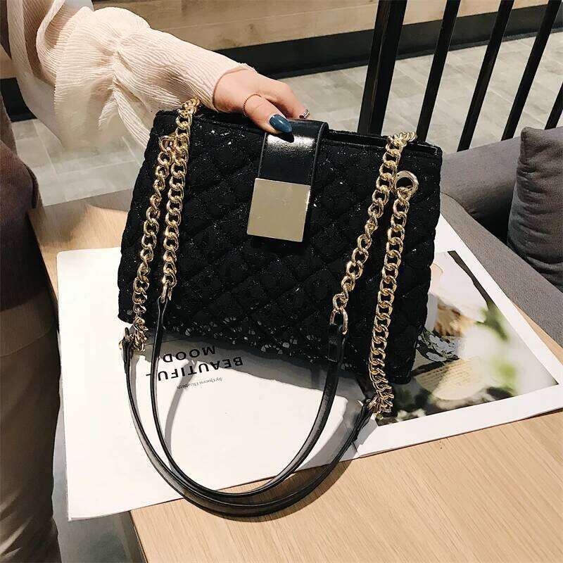 Lace Shoulder Bags For Women Dia Pattern Chain Designer Handbag Multi Pockets Large Capacity Black Sling Tote Bag Sac