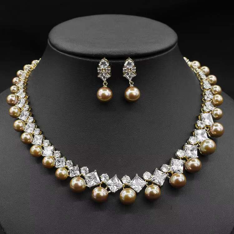 Fashion Womens Zircon Mossanite Double Pearl Earrings Jewelry Set Necklace With Earrings Set for Women