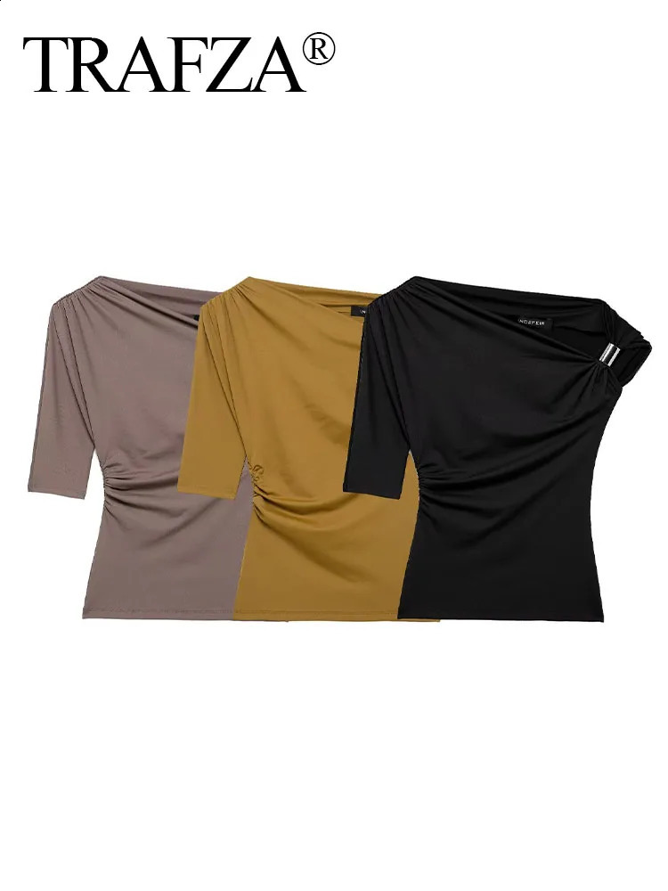 TRAFZA 2025 Womens Asymmetrical Slim Tops Female Fashion Casual Metal Button Off-shoulder Pullover Summer Short Sleeve Camis 250521