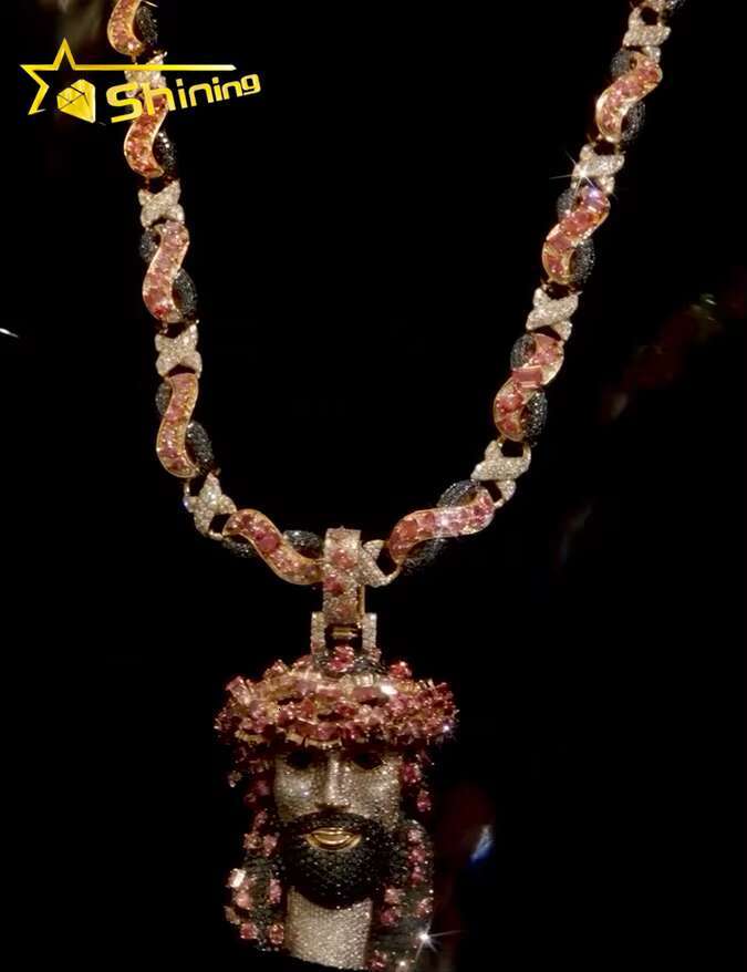 Personalized Custom Rapper Jewelry 925 Silver Flash Cuban Link Fit Jesus Head Pendant Colored Moissanite Diamond Charms Pendant