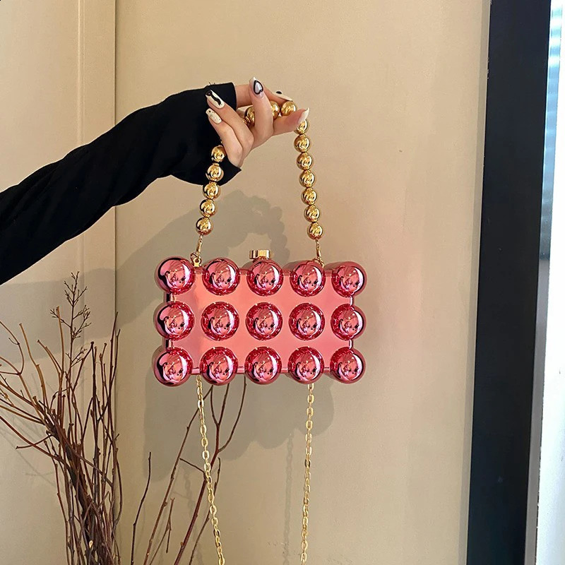 Gold Beaded Chain Banquet Purse Acrylic Cake Box Bag Women Niche Creative High-end Elegant Shoulder Handbag 250528