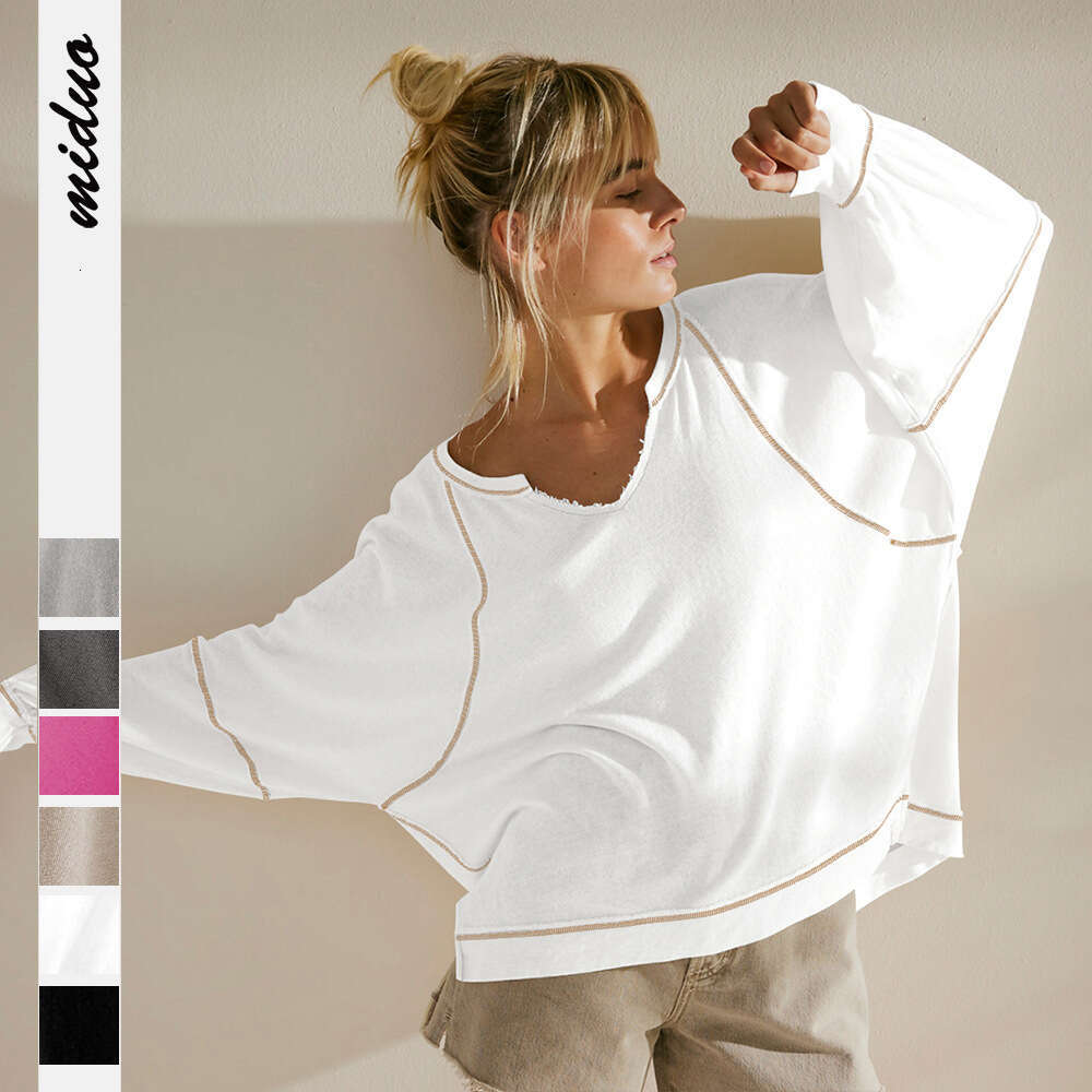 Unique Women's Fashion High-end Decorative Line Design V-neck American Style Sweatshirt