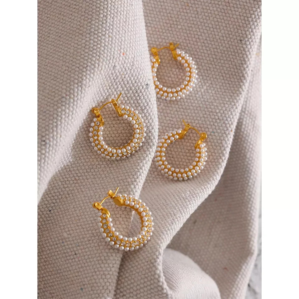 Yhpup Exquisite Stainless Steel Pearls Hoop Huggie Earrings Romantic Elegant Fashion Charm Trendy Chic Jewelry 250526