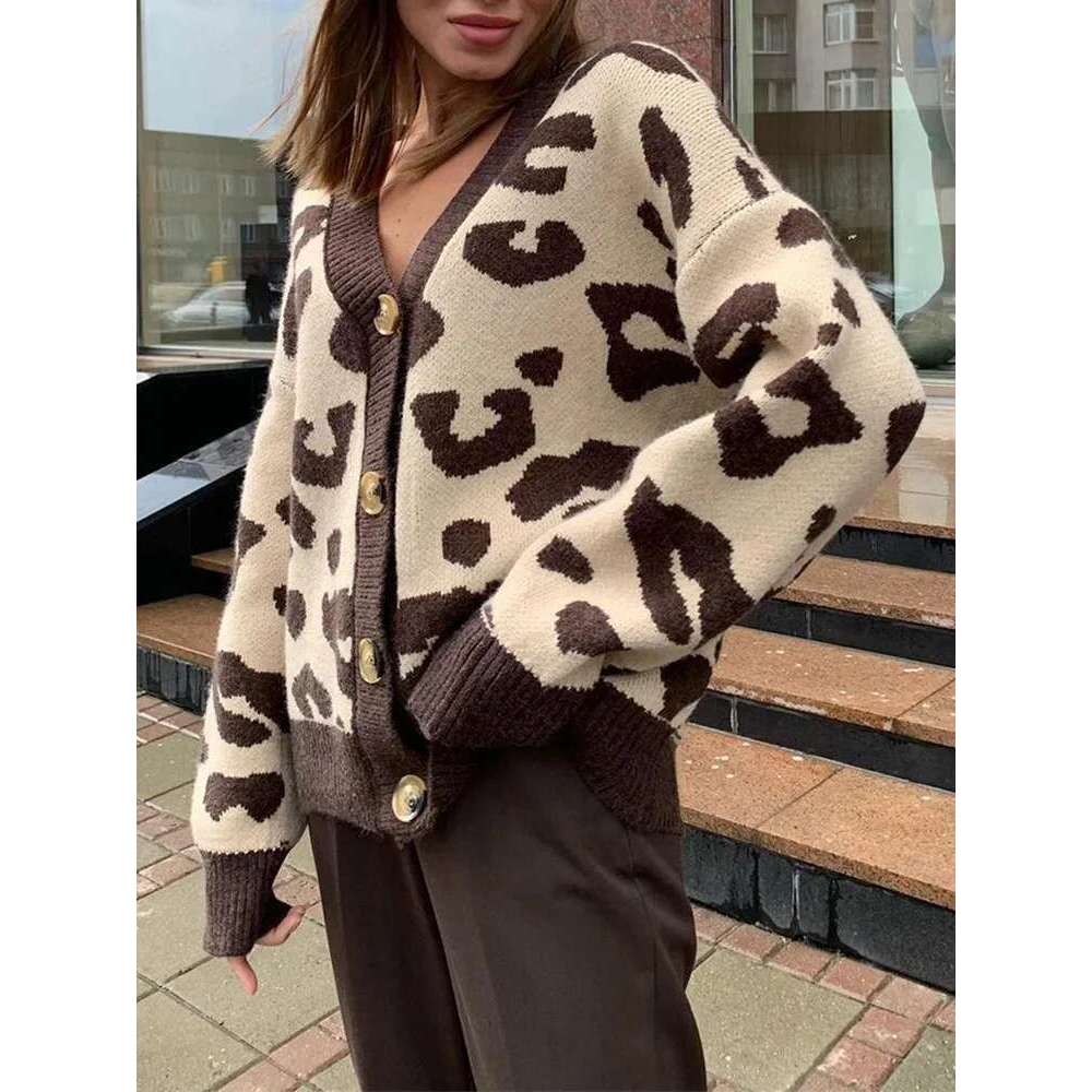 Aoaiiys Leopard Knitted Cardigan For Women Sweater Single Breasted V-Neck Long Sleeve Coat Autumn Winter 2025 Fashion Cardigans