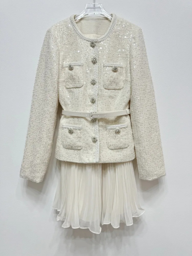 JAMERARY Runway Single Breasted Beaded Diamonds Buttons Sequins Tweed Chiffon Dress Women Two Piece Dresses 250529