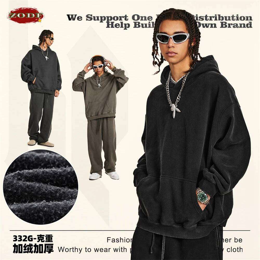 2025 ZODF 2024 Winter Men's Washed Fleece Hoodies Unisex Women Retro Loose Warm 360Gsm Hooded Pullovers Sweatshirts Hy0870 Designer