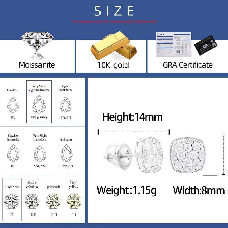 10K Real Gold Moissanite Diamond Screw Back Stud Earring for Women Brilliant White Gold Earrings