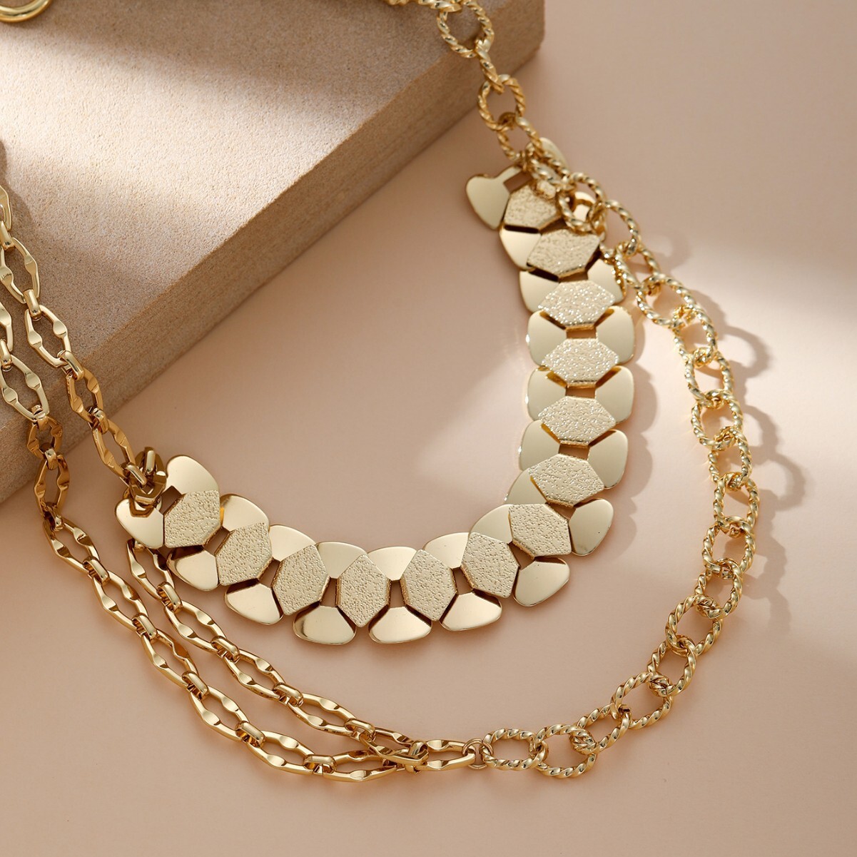 Style Geometric Patchwork Thick Bracelet Necklace Gold-Plated Titanium Steel Non-Fading Exaggerated Set