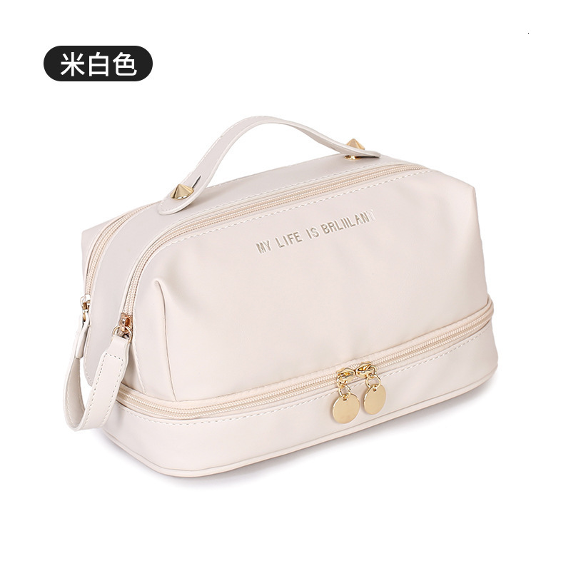 designer 2025 New PU Leather Handheld Makeup Bag Large Capacity Divider Board Skincare Storage Bag Simple Waterproof Toiletry Bag