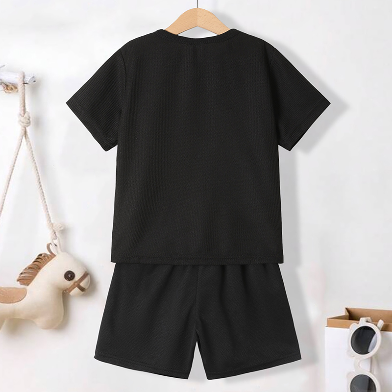 Summer boys' shorts set with waffle style short sleeves and letter printed shorts, suitable for children aged 4-12, featuring a stylish casual ou