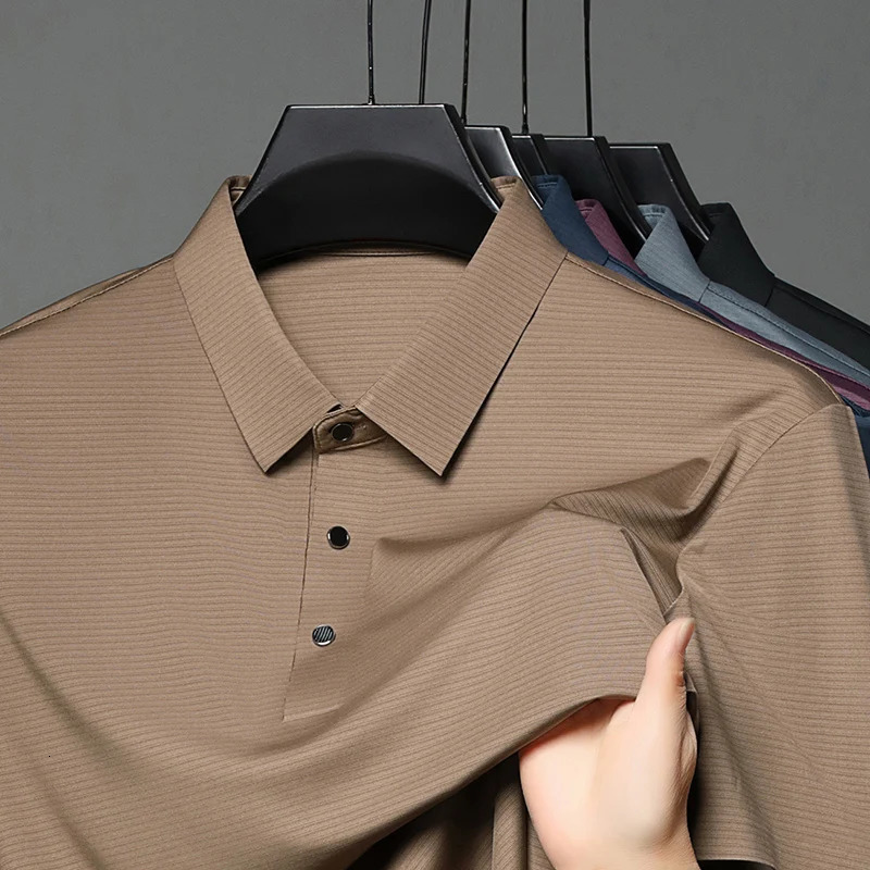 POLO shirt mens solid color high-end lapel business casual wear ice silk quick drying comfortable short sleeved T-shirt 250526