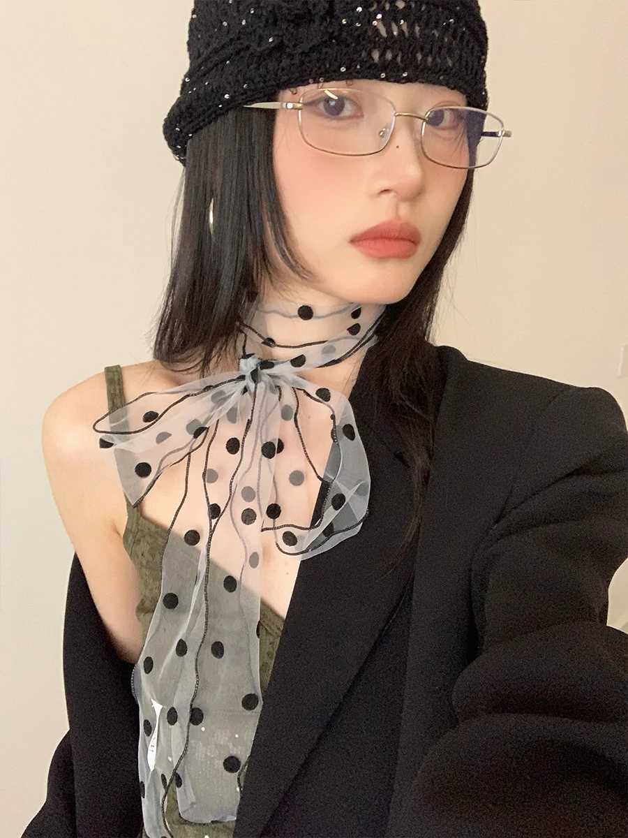 Fashionable Lace Mesh Polka Dot Scarf For Women New Summer 2025 Lightweight Sweet Versatile Neck Accessory With Ribbon W250602