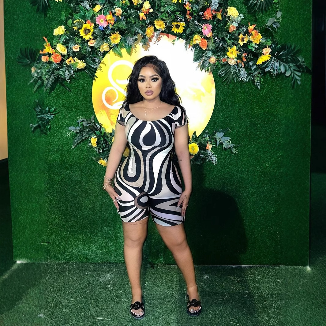 Designer T Shirt Summer Cross Border Trade Hot Trend Striped Geometric Pattern Round Neck Short Sleeve Jumpsuit Wholesale Essentials Summer Dress