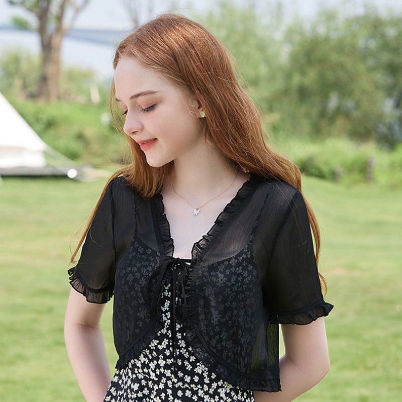 K904 Cardigan thin women's clothes 2025 new chiffon shirt top sling outer wear small shawl summer with skirt