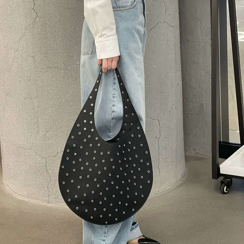 Cool Spicy Style Hollow Rivet Design Moon Personality Shoulder Underarm Large Capacity Tote Bag Handbag