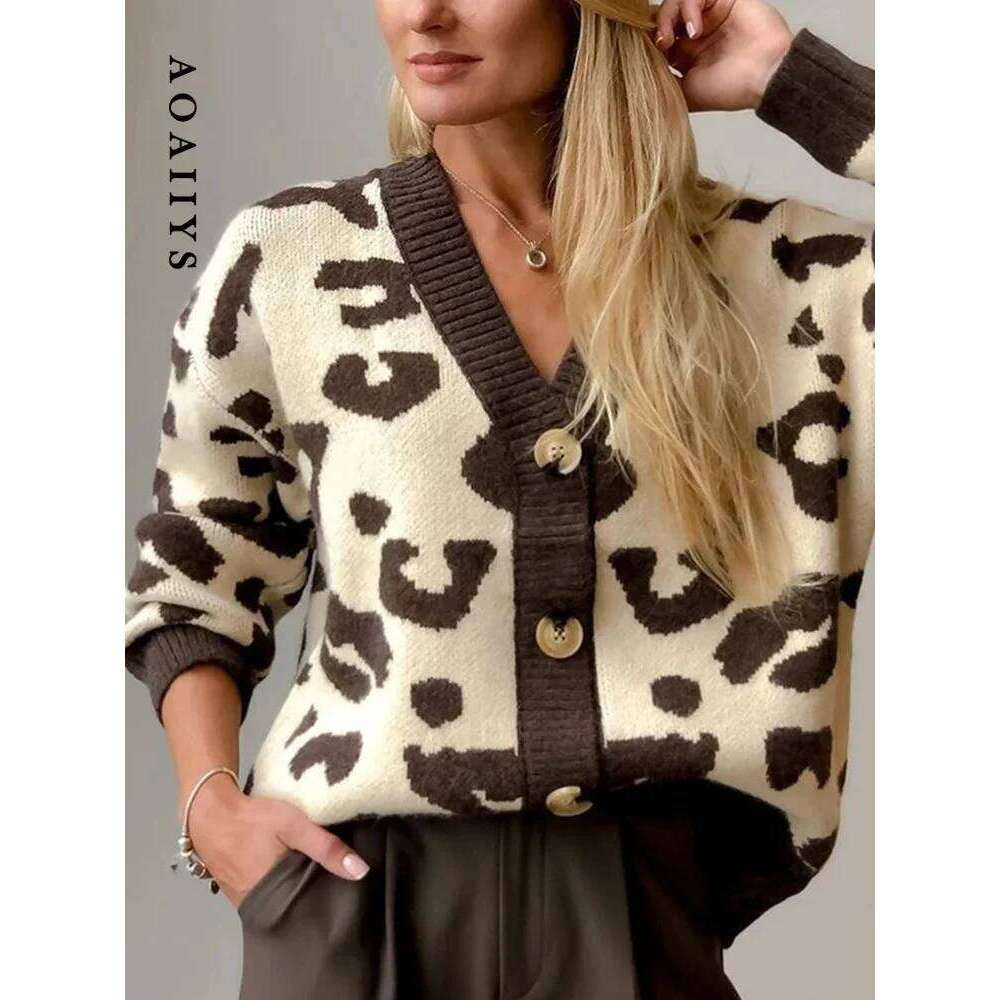 Aoaiiys Leopard Knitted Cardigan For Women Sweater Single Breasted V-Neck Long Sleeve Coat Autumn Winter 2025 Fashion Cardigans