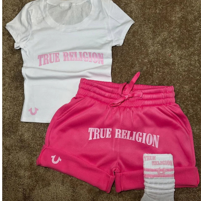 American womens printed sportswear set with letters short sleeves shorts and round necks a casual two-piece set 250530