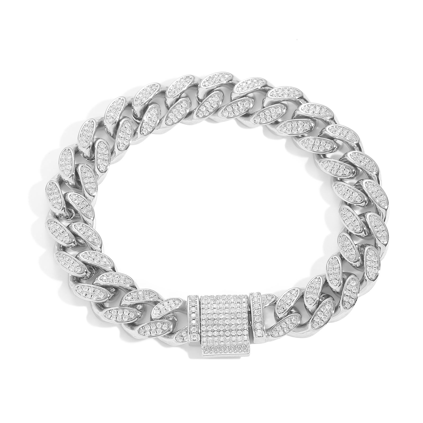 Hip Hop Moissanite Bracelet 12mm Flip Clasp Double Row Full Diamond Cuban Chain Trendy Brand Personality Mens Hip Hop Bracelet moissanite