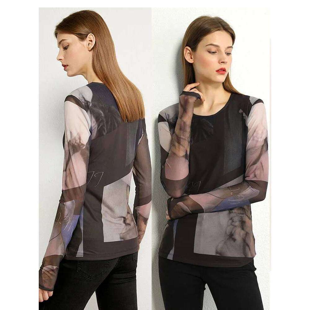 AMII Minimalism Long Sleeve T-Shirts For Women 2025 Spring New Bottoming Shirt Mesh Printing Inside Slim Trendy Tops 12421003
