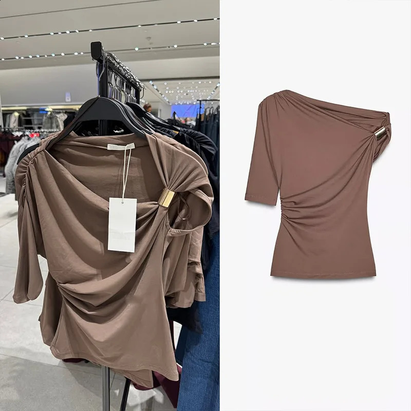 TRAFZA 2025 Womens Asymmetrical Slim Tops Female Fashion Casual Metal Button Off-shoulder Pullover Summer Short Sleeve Camis 250521