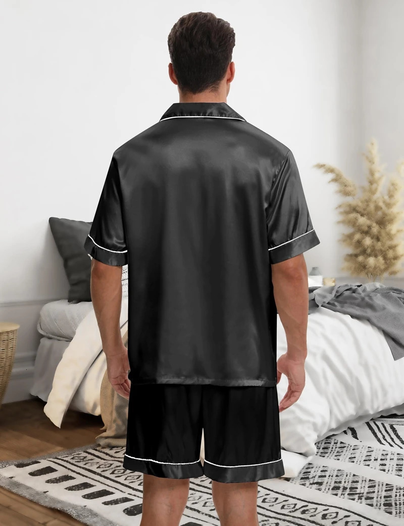 Mens Satin Pajama Set Short Sleeve Lapel Front Buttons Top And Elastic Shorts Comfortable Fit Loungewear Sleepwear Pjs 250526