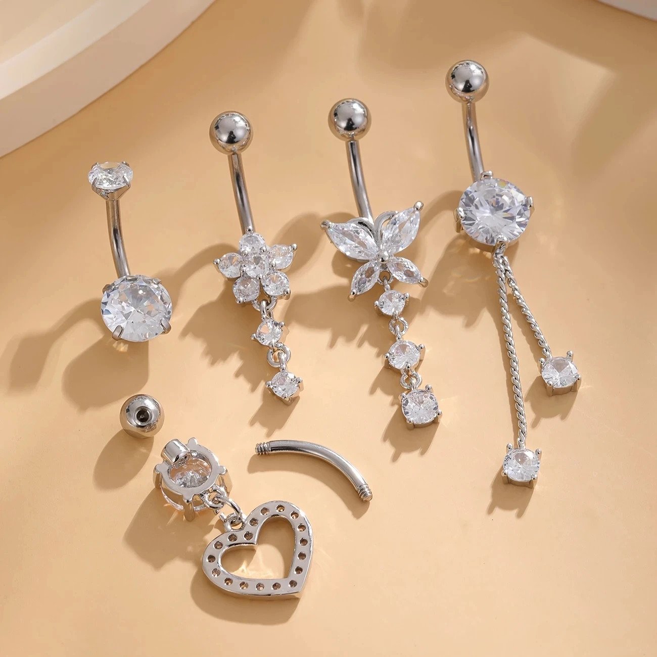 Set of 5pcs Stainless Steel Zirconia Inlaid Belly Button Rings With Butterfly/Heart/Flower s Boho Navel Piercing Jewelry 250530