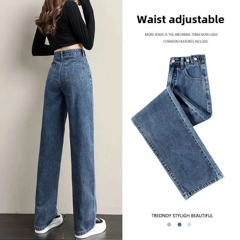 High-Waisted Straight-Leg Denim Trousers Loose-Fit Sensibility Multiple Buckles Adjustable Pear-Shaped Body For Women Vintage
