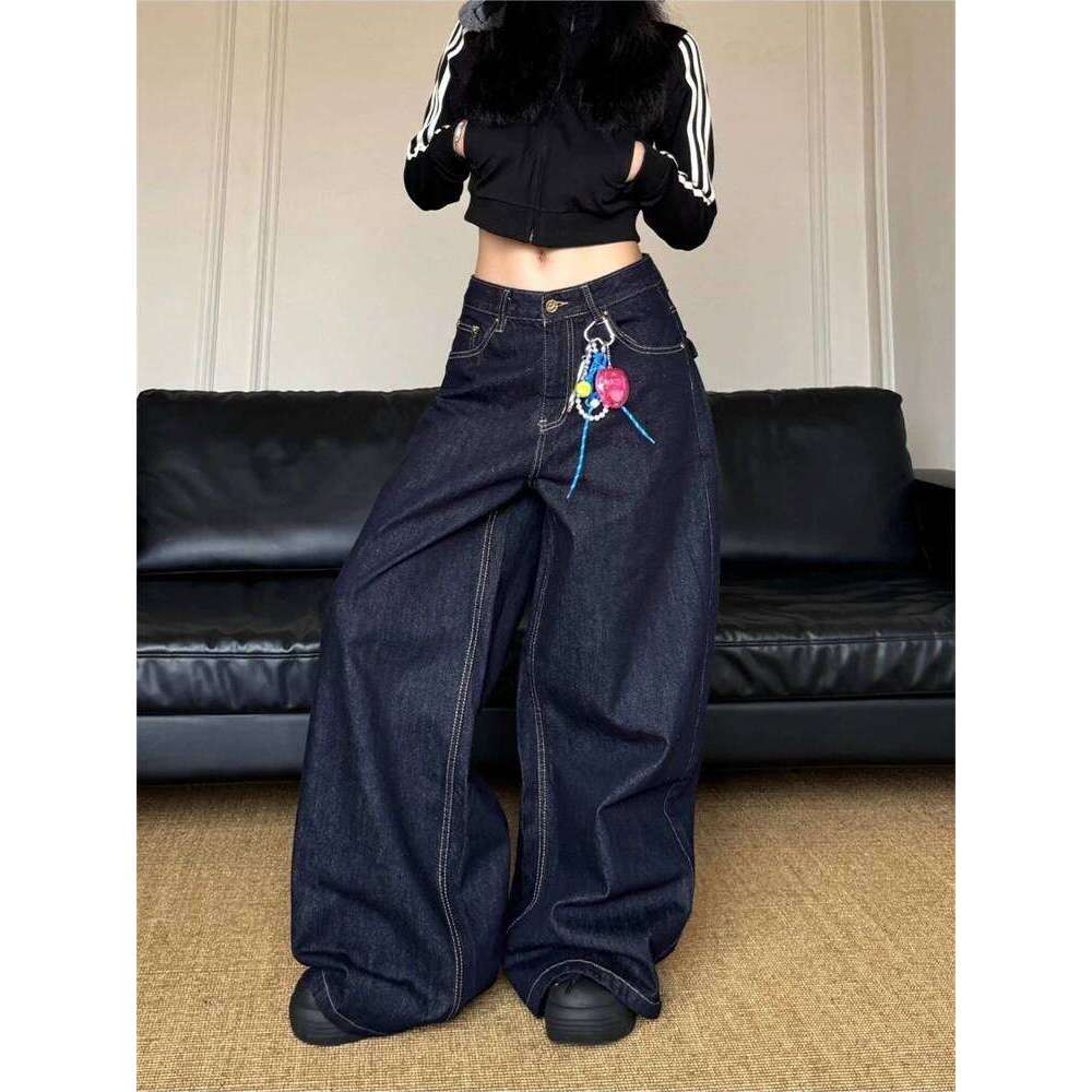 Women's Vintage Deep Blue Loose Wide Leg Jeans Street Cool Girl High Waist Baggy Pants Female Casual Straight Denim Trousers