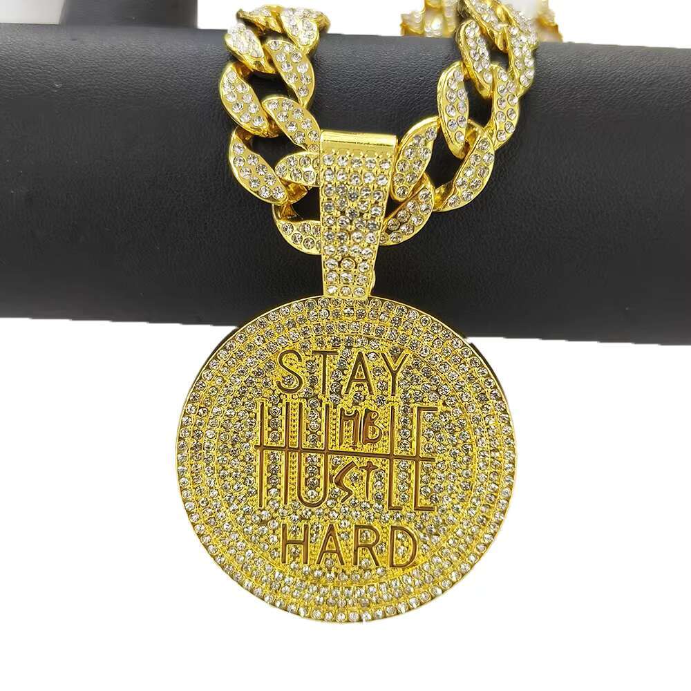 Wholesale Mens Hip-Hop Stay Hard Letter round Plate Pendant Necklace Full Diamond Cuban Link Chain with Gold Plating