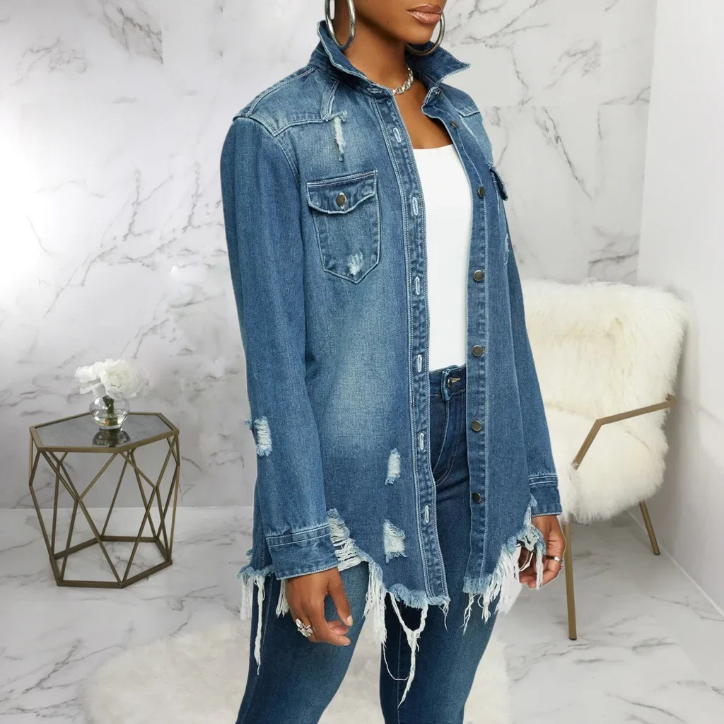 Women Jeans Jackets Spring Summer Ripped Denim Vintage Casual Denim Jacket Long Sleeve Female Chic Coat Streetwear 250530