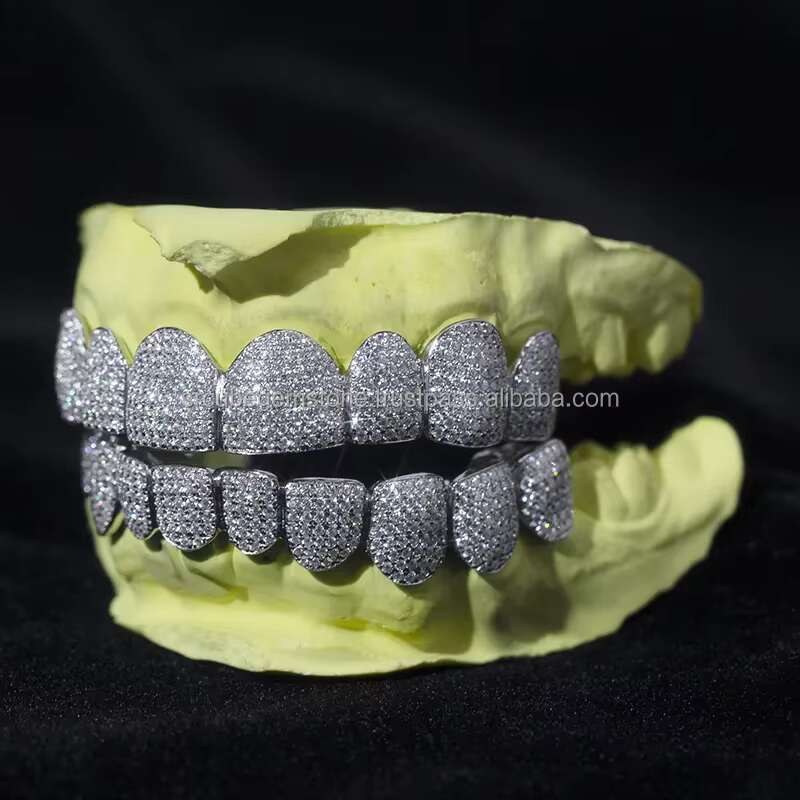Manufacturer of Teeth Grills Best Quality Top and Bottom Vvs Moissanite Diamond Studded Silver Plated Teeth Grillz