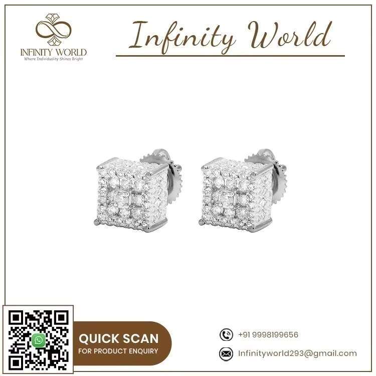 Full Moissanite Round Diamond Square Design Earring Fine Jewellery In S925 Sterling Silver Stud Earrings for Women
