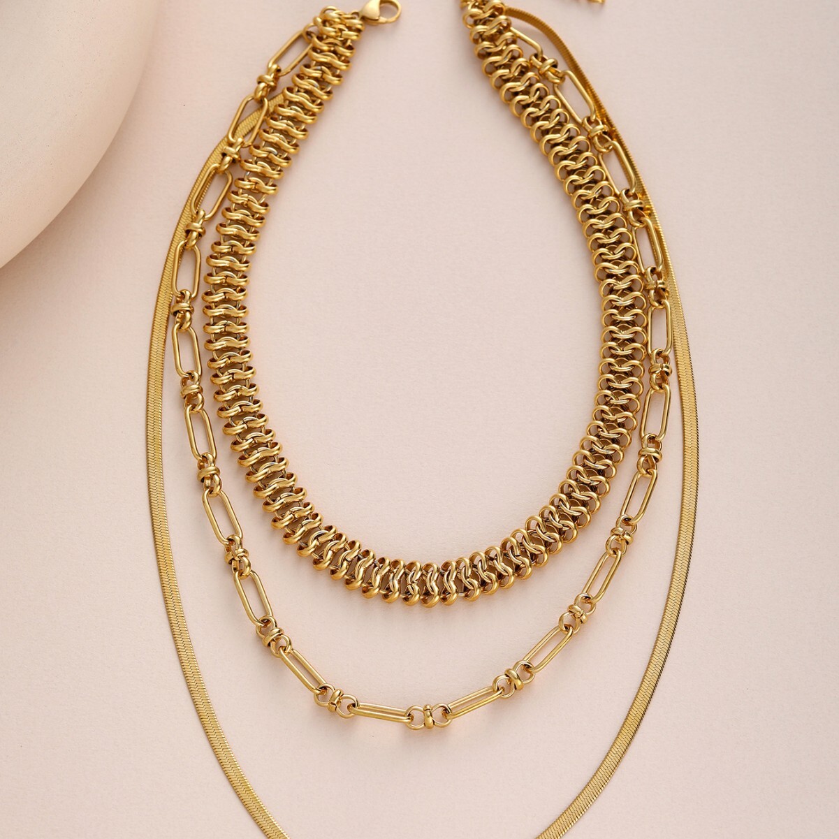 Round Wrinkle Multi-layer Daily Versatile Stainless Steel Geometric Patchwork Gold-plated Women's Jewelry Necklace