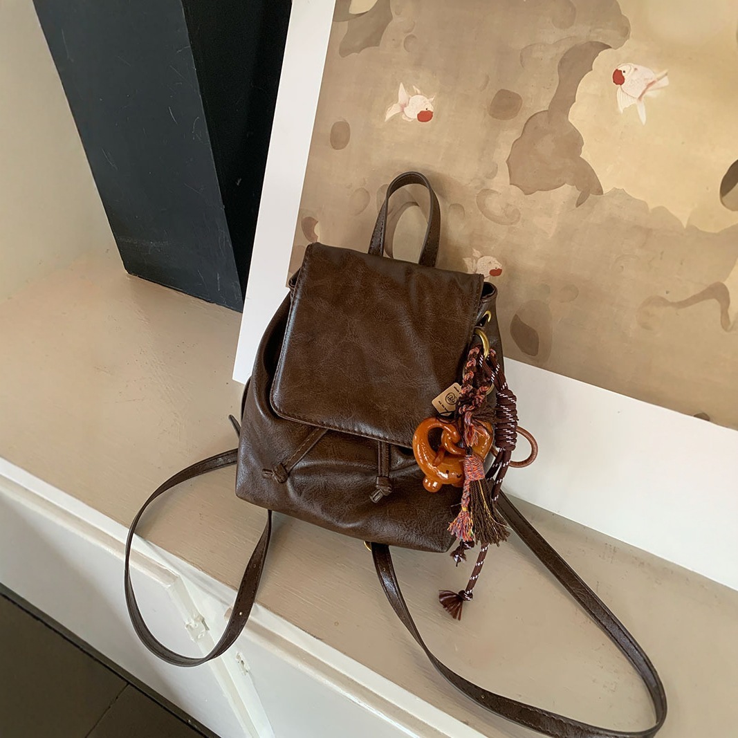 designer American Style Brown Leather Texture Small Backpack Retro PU Soft Leather Texture Versatile Shoulder Bag Commuting Versatile Small Backpack