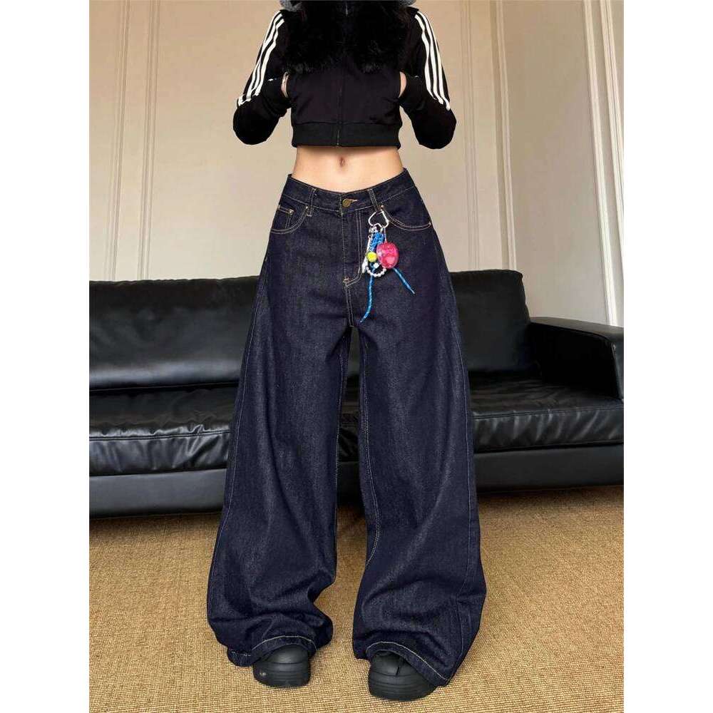 Women's Vintage Deep Blue Loose Wide Leg Jeans Street Cool Girl High Waist Baggy Pants Female Casual Straight Denim Trousers