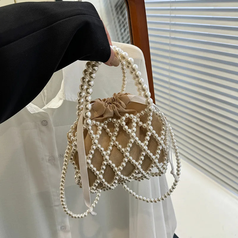 Sweet Handmade Pearl Shoulder Tote Bead Handbag Womens Summer Small Bucket Purse for Party 250530