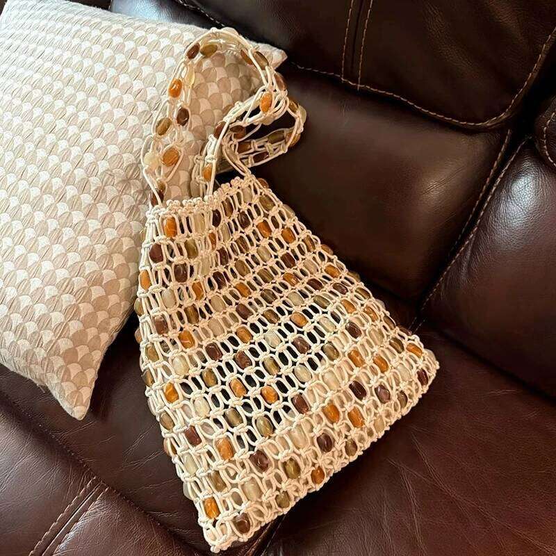 Ladies Summer Beaded Woven Bag Bucket Phone Purse Handmade Hollow Out Cotton Rope Crochet Bag Handbag For Girls