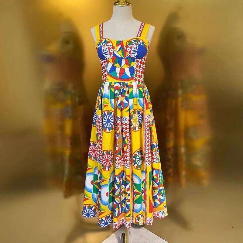 Summer Holiday Spaghetti Strap Long Dress Women's Padded Cup Colorblock Print Zipper Elastic Backless Beach Midi Vestidos