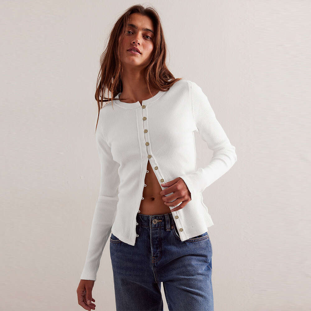 Fashion 2025 Women's Long Sleeve Round Neck Button Ribbed Solid Color Autumn Winter Warm Cardigan Jacket for Women