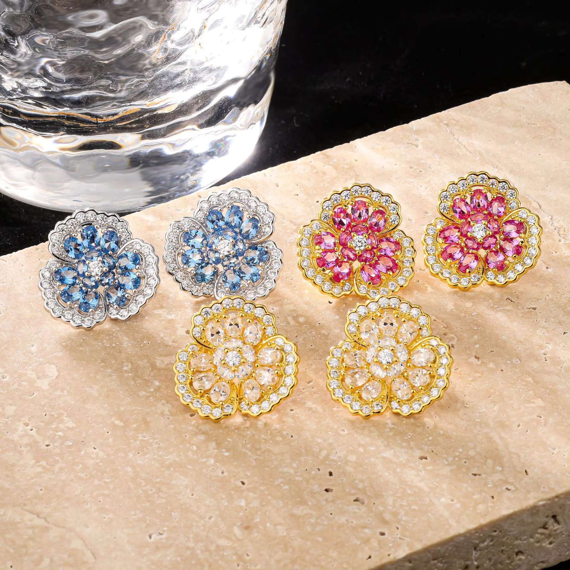 DEYIN Lab Grown Sapphire Jewelry Moissanite Flower Stud Silver 925 Earrings 925 Sterling Silver Woman Jewelry