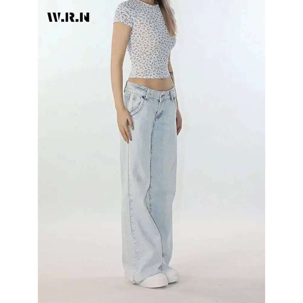 Coats Designer Women Warenew Light Blue Low Waist Jeans Woman Streetwear American Vintage Denim Pants Female Casual Washed Straight Pantalons Mujer De