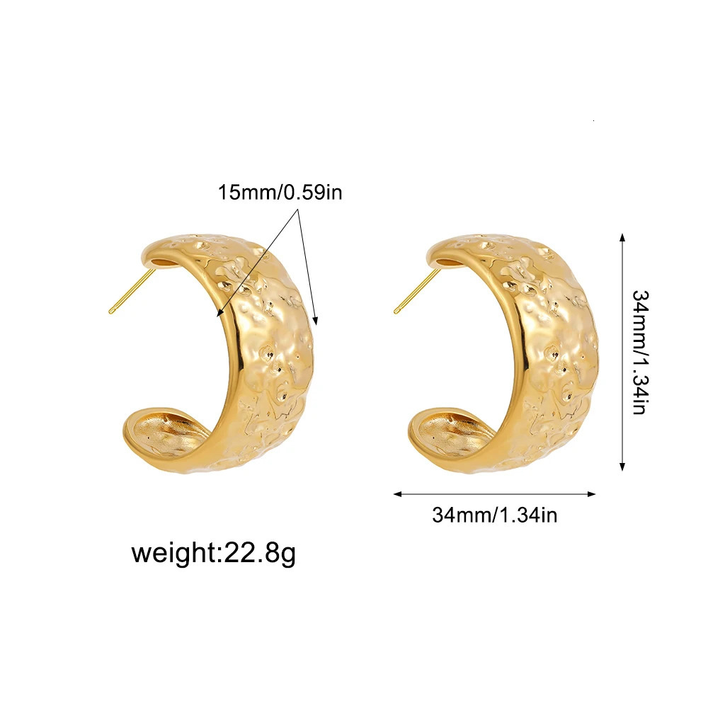 Vintage Gold Plated Hammered Hoop Earrings for Women Statement Wide C Shape Circle Earring Stainless Steel Punk Jewelry Gift 250526