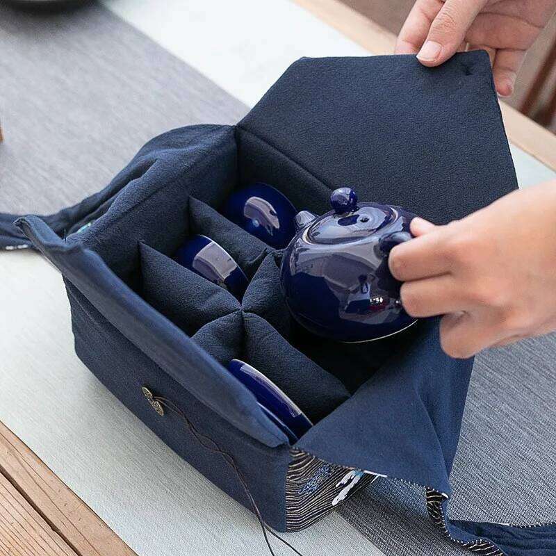 Cotton and Linen Tea Set Cloth Teapot Teacup Folding Storage Bag Portable Travel Outdoor Tote Organizer