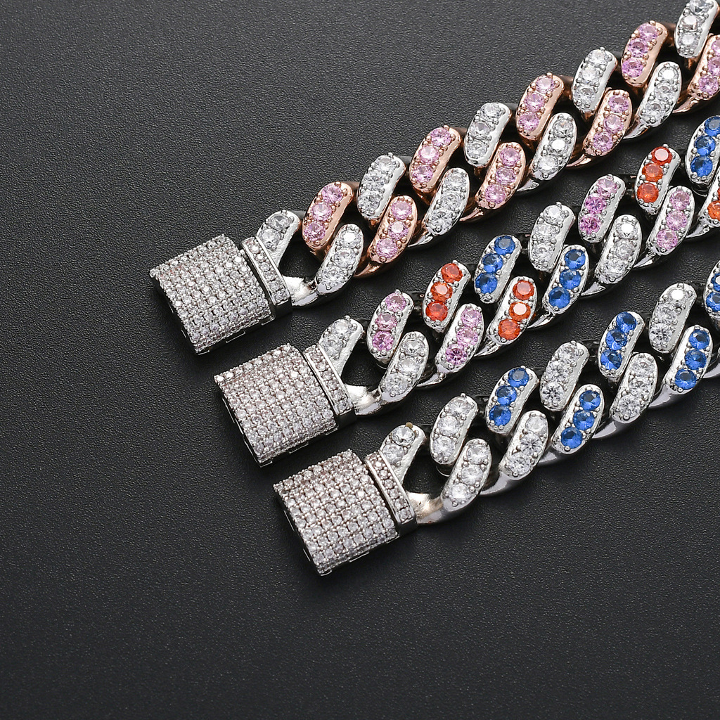 Hip hop hip hop Bracelet 12mm micro Set Pink Moissanite Cuban Bracelet hiphop accessories moissanite