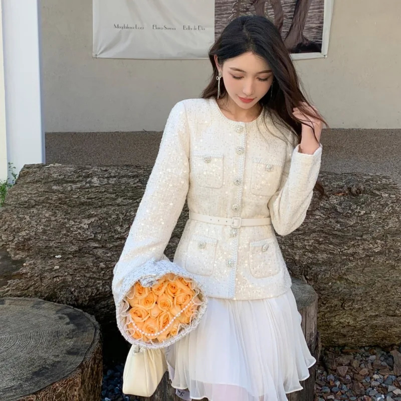 JAMERARY Runway Single Breasted Beaded Diamonds Buttons Sequins Tweed Chiffon Dress Women Two Piece Dresses 250529