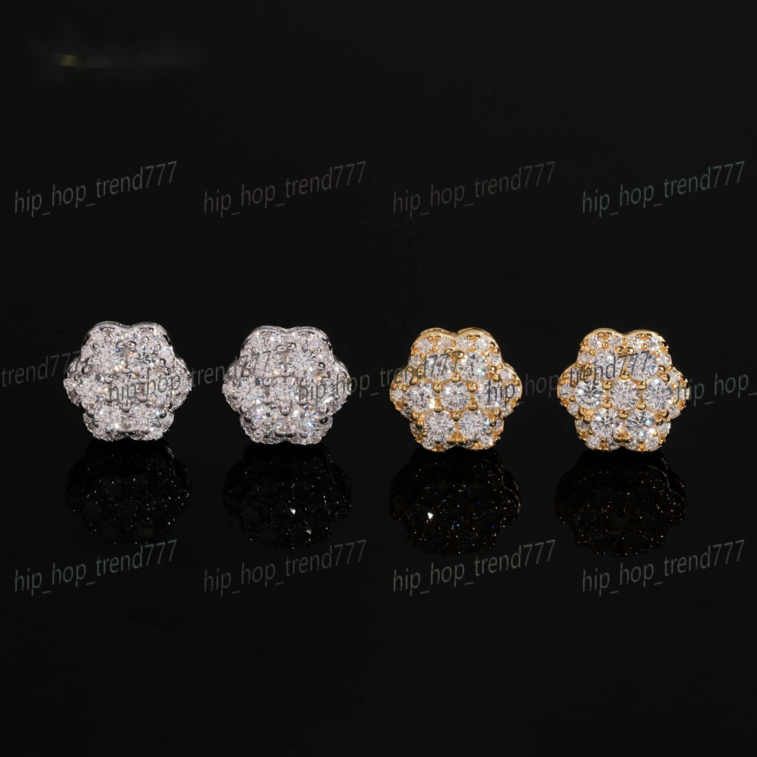 High Quality 925 Sterling Silver Flower Iced Out Diamond Hip Hop Screw Back Moissanite Stud Earrings